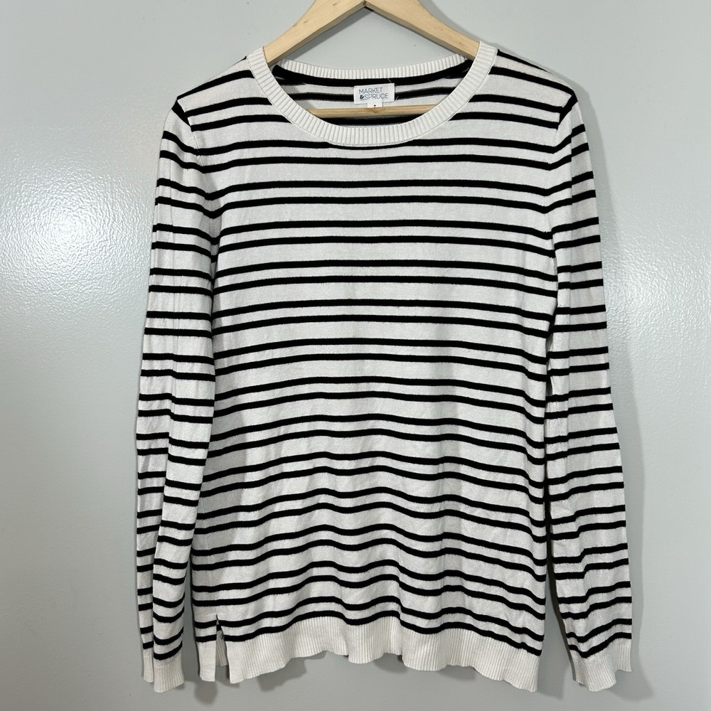 Market & Spruce Lightweight Sweater Size Medium Black White Striped Elbow Patch